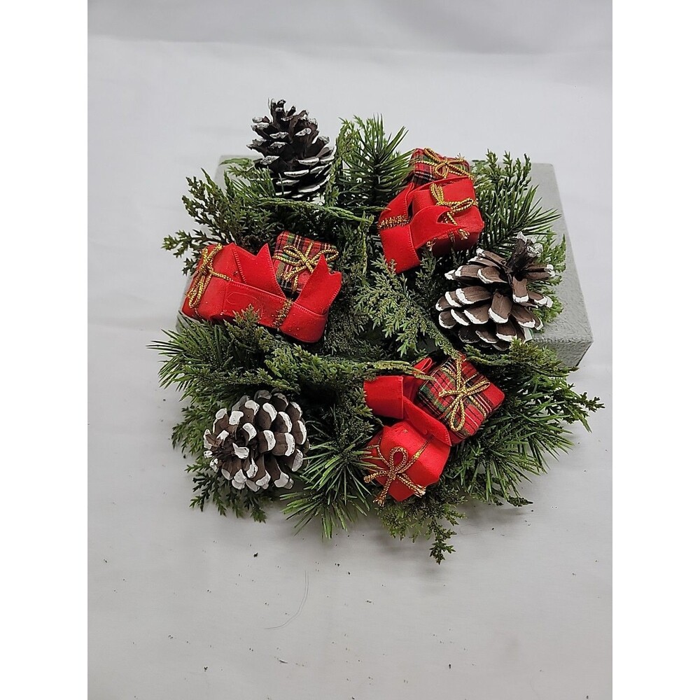 MCM Christmas Plastic Pine Cone with Presents Wreath Pillar Candle Hugger  1960s